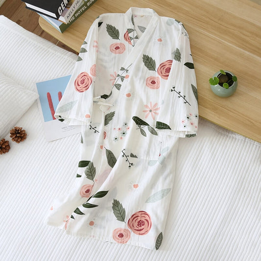 Rose Romance Kimono Nightdress Cotton Sleepwear elegant flowers home clothes Japanese Style Night Dress