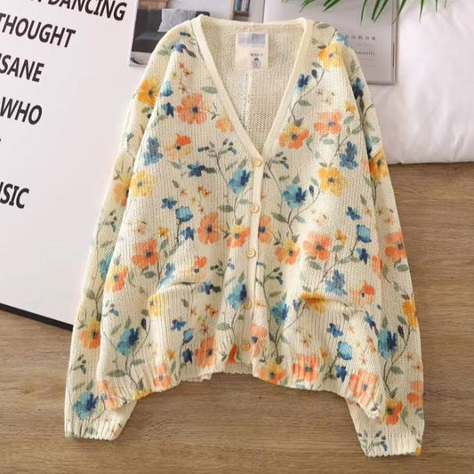 Cute Summer V-Neck Flower Cardigan Knitted