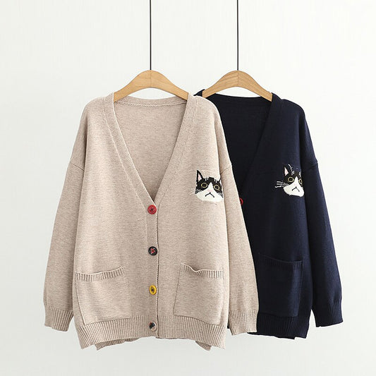 Women Cardigans Cartoon Cat Embroidery Casual Kawaii Cat Kitty Knitted Button Cardigan