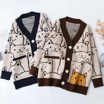 Harajuku Cartoon Cat knitted cardigans Womens Sweater Long Sleeve cardigan 