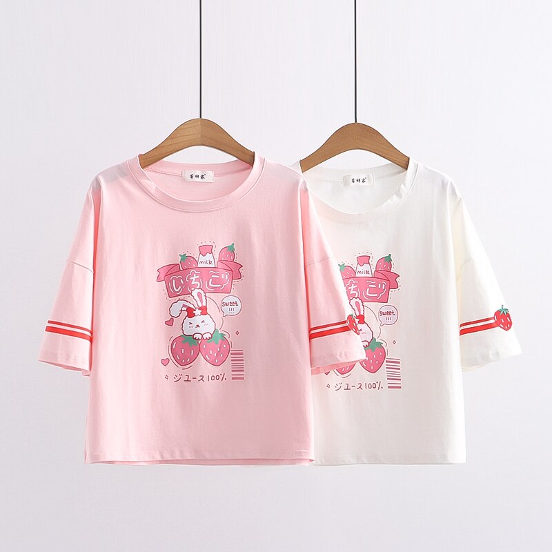 Pink Harajuku Strawberry Rabbit Print Women Cotton Top T Shirts