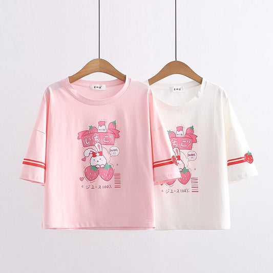 Pink Harajuku Strawberry Rabbit Print Women Cotton Top T Shirts