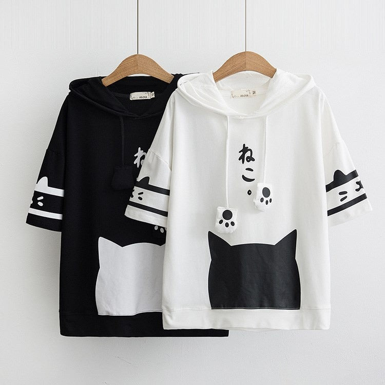 Monochrome Kitty Cat Hooded Top