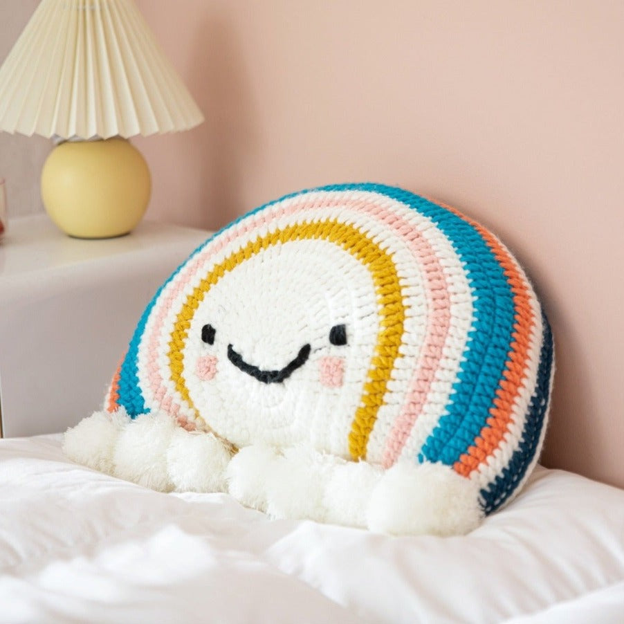 Delightful Nordic Cute Cartoon Rainbow Sunflower Cushion Hand Crochet Decorative Kawaii Pompom Knitted Throw Pillow Sofa Seat Back Cushions