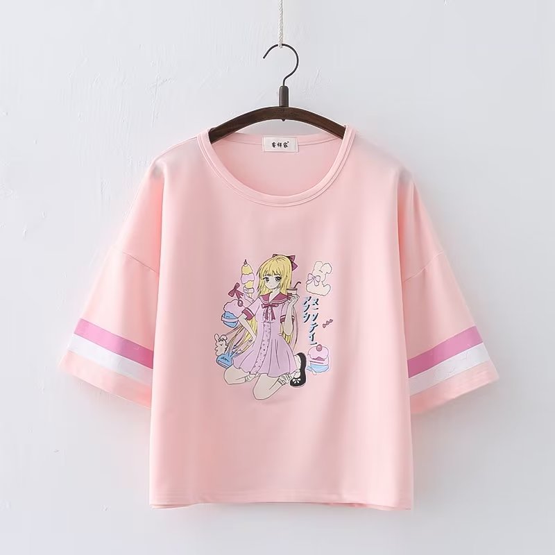 Harajuku Style Sweet Kawaii Girl Print School Girl Cartoon Short Sleeve Cotton Tee Shirt 