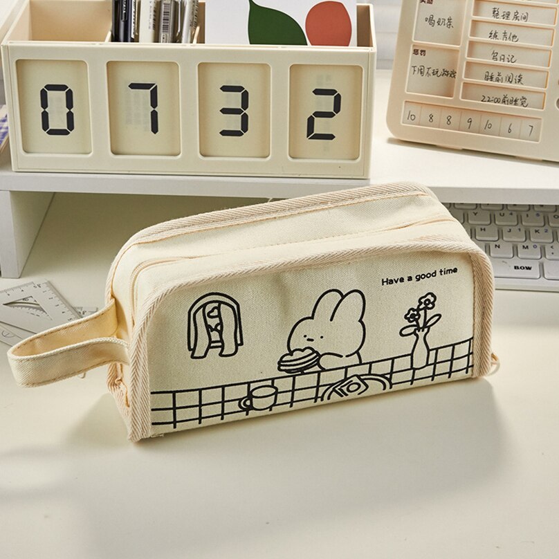 Kawaii Daily Life Canvas Pencil Case Stationery Pen Case Large Capacity School Supplies Bunny Rabbit and Bear Simple Lifestyle