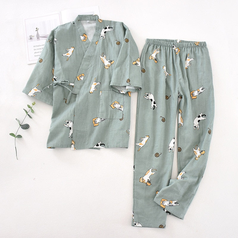 Cute Cartoon Cat Kimono Style Print Pyjamas Set Top & Trousers Sleepwear