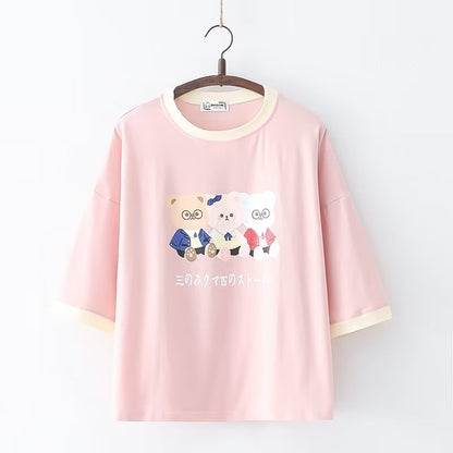 Sweet kawaii teddy bear trio Harajuku Summer Women Tee Shirt Short Sleeve O-neck Cotton Tee Shirt Cute Tops