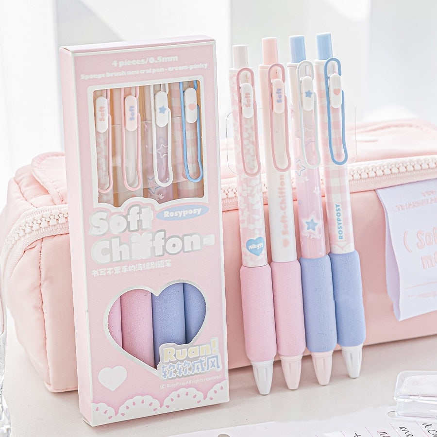 Soft Chiffon Gel Pen Set (Set of 4) 0.5mm Ballpoint Black Color Ink for Writing Cream Pink Sky Blue Design Soft Pastel Gel Pens