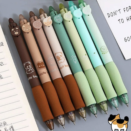 Kawaii Cute 0.5mm Erasable Pens (set of 4) Blue Color Gel Ink Pens Set Brown Bear Ice cream Dessert 0.5mm Ballpoint for Writing