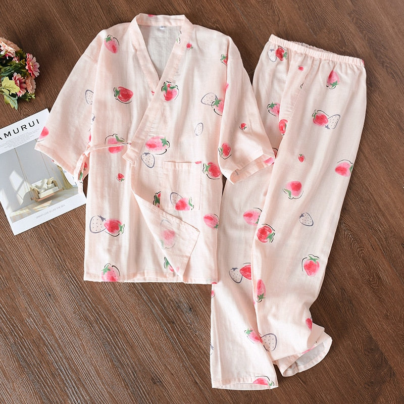 Strawberry Love Kimono Style Pyjamas Cute Sweet Home Sleepwear PJ Set Women Female Apparel Loungewear